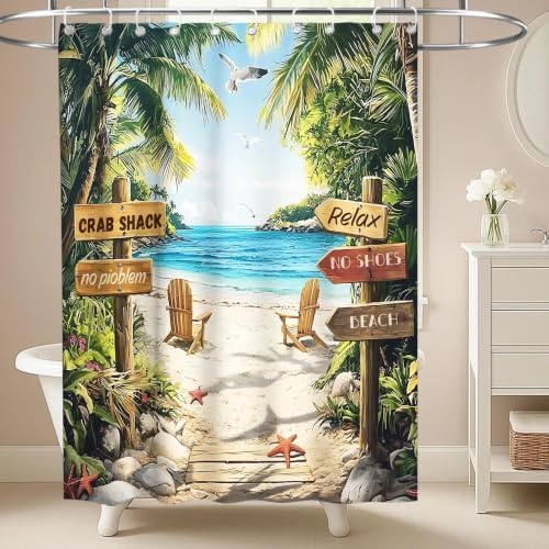 Luxury Summer Beach Shower Curtain Modern Coastal Tropical Palm Tree Pretty