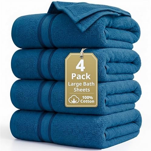 LANE LINEN Bath Sheet Set 4 Pack Oversized Soft Absorbent - Sea Port
