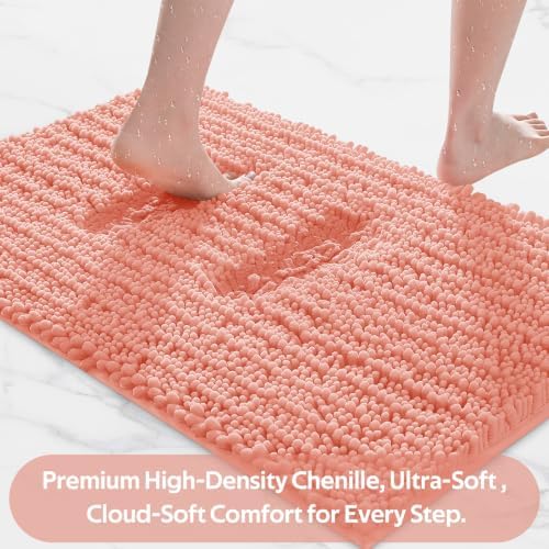 ACCUMTEK Upgrade Luxury 2 Piece Coral Toilet Bathroom Rug Mat 60"x20"+32"x20", Ultra Soft Thick Absorbent Bath Mats, Non Slip Chenille Toilet Mat for Bathroom, Bedroom, Kitchen, Shower, Tub
