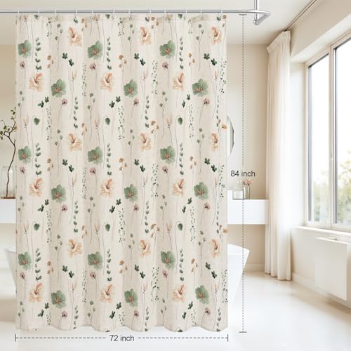 Gibelle Sage Green Linen Watercolor Floral Fabric Shower Curtain, 72x84