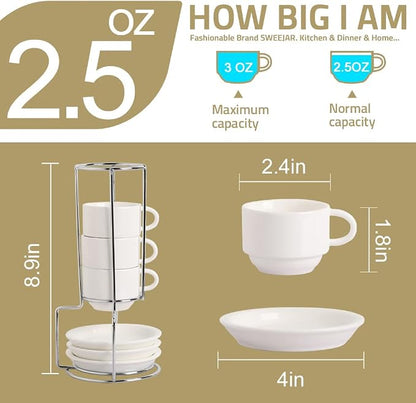 Sweejar Porcelain Espresso Cups with Saucers, 2.5 Ounce Stackable Cappuccino Cups with Metal Stand for Coffee Drinks, Latte, Tea - Set of 4 (White)