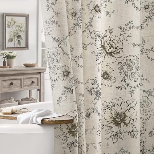 Farmhouse Floral Vintage Shower Curtain for Bathroom, Black and Tan Taupe