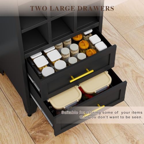Tall Metal Narrow Storage Cabinet 67" H with 2 Drawer,Black Kitchen Pantry Cabinets with 2 Adjustable Shelves and Door,Cuby Storage Orgainzer,Tall Bathroom Cabinet for Kitchen, Home Office,Dining Room