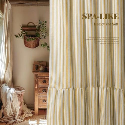 Farmhouse Shower Curtain Ruffle Linen Cream-Yellow Stripe 72"W x 84"L