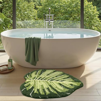 DEXI Cute Bath Mat, Green Leaf Monstera Bathroom Rugs 47x31.5