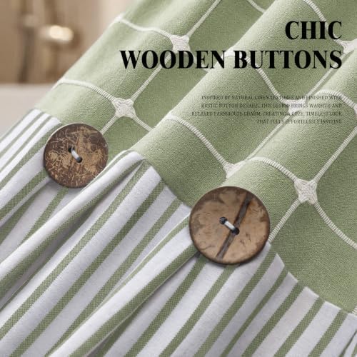 Farmhouse Shower Curtain Button Plaid-Green-Green Stripe 72"W x 72"L