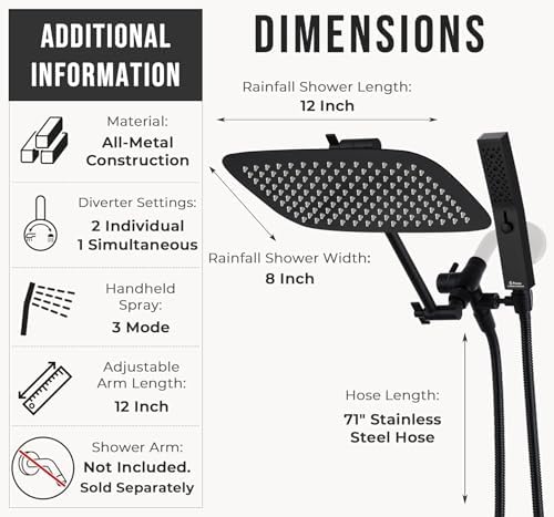 G-Promise All Metal 12" Rain Shower Head with Handheld for Bathroom Upgrade