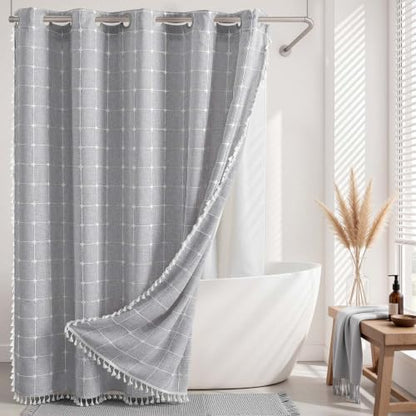 River Dream Farmhouse No Hooks Shower Curtain with Snap-in Liner,Grey,71x86