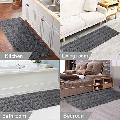 Turquoize Bathroom Runner Area Chenille Rug Oversize Non-Slip Shag Kitchen Shower Bath Mat Extra Long Grey Striped Washable for Bathroom, Gray, Size 59" x 20"
