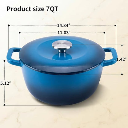 7QT Enamel Cast Iron Dutch Oven with Lid,Dual Handles,Versatile Heavy-Duty Non-toxic Cookware for Sourdough Bread Baking,Braising,Stews,Roasting,Oven Safe up to 500°F blue