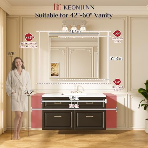 Keonjinn 42" x 36" Brushed Gold Bathroom Mirror, Safe HD Tempered Glass