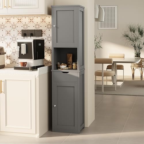 Shintenchi Tall Bathroom Storage Cabinet, Slim Corner Floor Cabinet with Doors and Drawer, Freestanding Narrow Bathroom Organizer with Adjustable Shelves for Small Space, Gray
