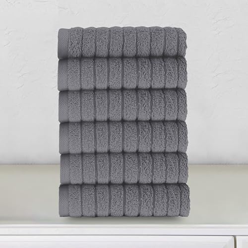 Elegant Comfort 100% Turkish Cotton Corduroy Ribbed Luxury Washcloths 6 Pack Soft 13 x 13 Inch - Higly Absorbent, Durable, Quick Dry, Spa Premium Hotel Quality for Bathroom or Travel, Gray