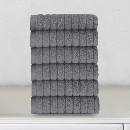 Elegant Comfort 100% Turkish Cotton Corduroy Ribbed Luxury Washcloths 6 Pack Soft 13 x 13 Inch - Higly Absorbent, Durable, Quick Dry, Spa Premium Hotel Quality for Bathroom or Travel, Gray
