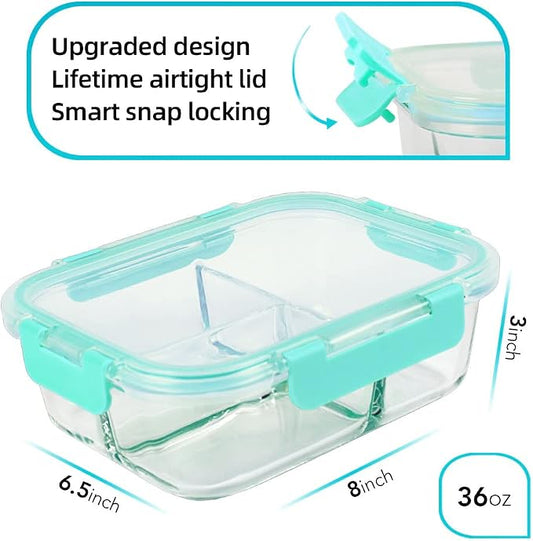 DAS TRUST 3 Pack Bento Box Glass Meal Prep Containers with Lids - 3 Compartment Glass Food Storage Containers for Microwave Oven