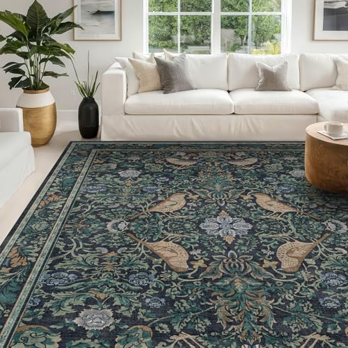 Vintage 8x12 Area Rugs for Living Room - Blue Soft Floral Rug for Bedroom, Dining Room, Washable Botanical Bird Carpet, Non-Slip Stain Resistant Low Pile Throw Rug Indoor Door Mat