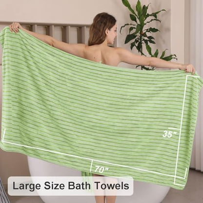 8 Pcs Grass Green Cabana Stripe Large Bath Towel Set - 2 Oversized Bath Sheets, 2 Hand Towels, 4 Washcloths - Soft Jumbo Absorbent Shower Beach Chair Spa Gym Hotel Towels