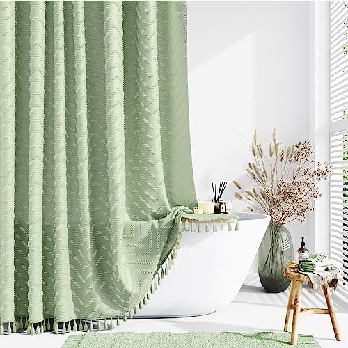 Dynamene Extra Long Boho Shower Curtain Tufted Chevron 72"x90" Sage Green