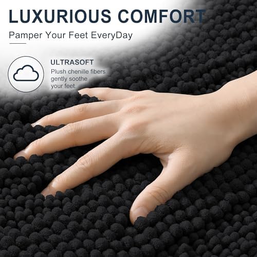 Smiry Thick Chenille Bathroom Runner Rugs 59x24, Absorbent Bath Mat, Black