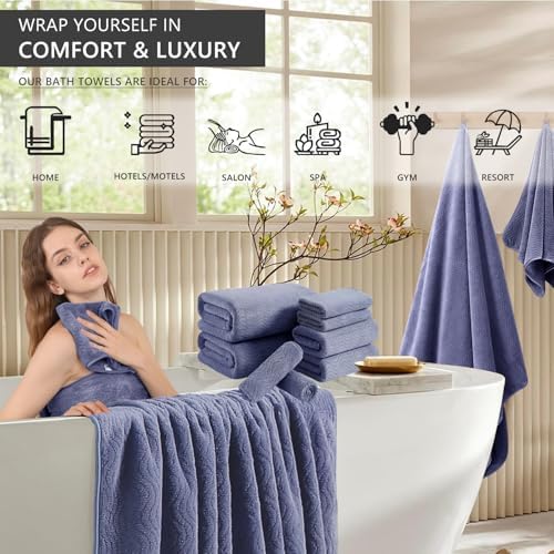 8 Piece Bath Towel Set |2 Oversized Large Bath Sheet,2 Hand Towels,4 Washcloths| Ultra Soft Bath Towel Set for Bathroom Hotel Gym Spa,Highly Absorbent Quick Dry Bathroom Towel Collections,Wedgewood