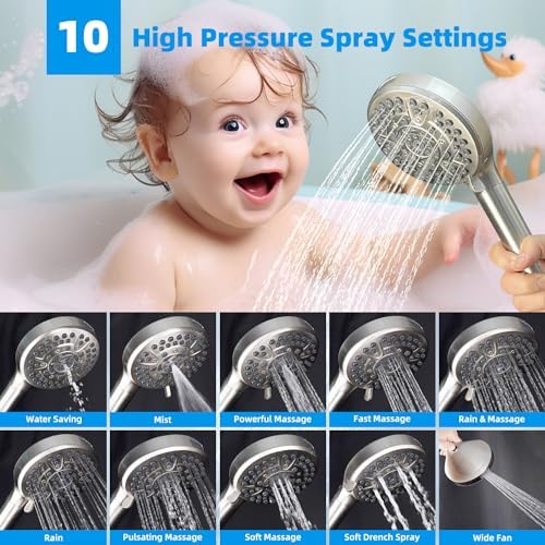 Hibbent All Metal 12'' Filtered Rainfall Shower Head Combo, High Pressure Handheld Shower Head with 12'' Adjustable Curved Extension Arm, 20 Stage Shower Filter, 10-spray, 71'' Hose, Brushed Nickel