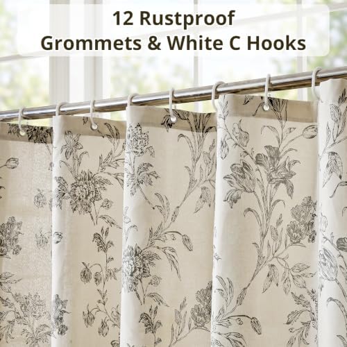 Warmstar Farmhouse Shower Curtain,Grey Floral Shower Curtain for Bathroom Linen Look Vintage Shower Curtain with Weighted Hem,72" W x 78" L