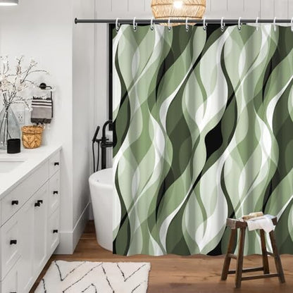 Sage Green Striped Shower Curtain with Hooks for Bathroom 72x84 Inch