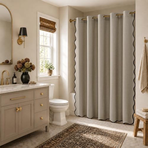 Furlinic Fabric Shower Curtain No Hook Scalloped Greige Waterproof 72x75