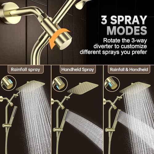 Veken All Metal 10" Luxurious Brushed Gold Rain Shower Head with Handheld
