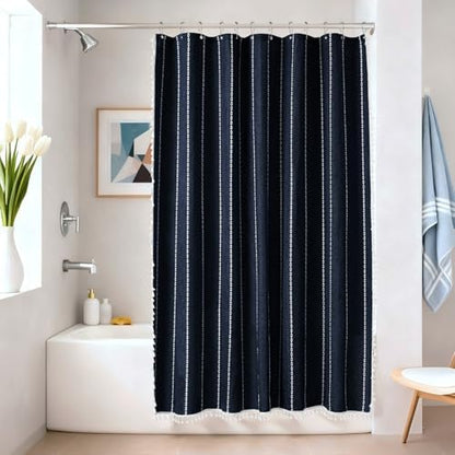 Seenus 72 x 76 inch Extra Long Boho Chic Shower Curtain Heavyweight with Tassels, Navy Linen Textured Fabric Farmhouse Shower Curtain, Elegant White Striped Bathroom Curtain Water Repellent