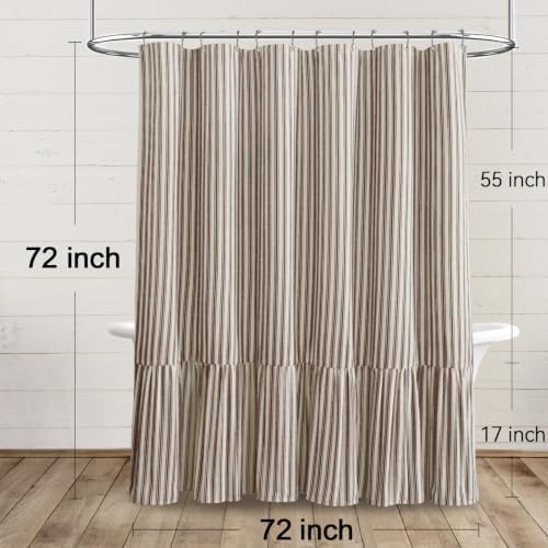 Farmhouse Shower Curtain Ruffle Linen Cream-Brown Stripe 72"W x 72"L