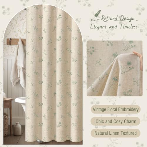 Green Floral Vintage Linen Shower Curtain Embroidered Textured 72Wx72H
