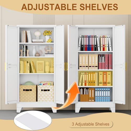 61" White Metal Storage Cabinet with 2 Doors and 3 Adjustable Shelves,Steel Garage Tool Cabinet, File Cabinet,Kitchen Pantry Cabinet for Home,Office,Garage,School,Warehouse