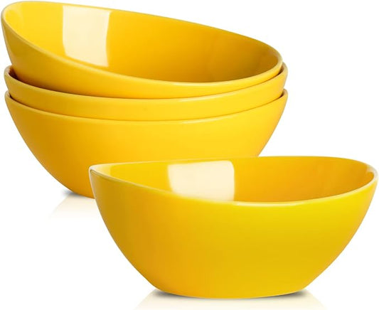 HASENSE Large Serving Bowls, Ceramic Salad Mixing Bowls, 42 Ounce Serving Dishes for Entertaining, Oval Pasta Bowls for Soup Salad Popcorn Side Dishes, Set of 4, Yellow