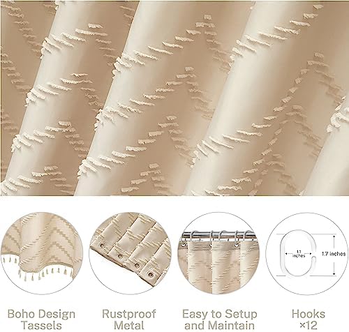 Siiluminisoy Extra Long Farmhouse Boho Chevron Shower Curtain, Woven Fabric 96 in Beige Shower Curtain, 72 x 96, Tufted Striped, Modern Chic Textured Shower Curtain Set Minimalist Bathroom Decor