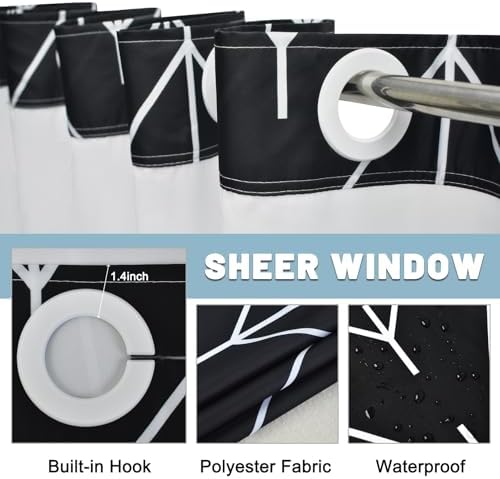 LXBNI Black White Herringbone No Hook Shower Curtain with Liner, 71 x 74