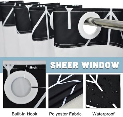 LXBNI Black White Herringbone No Hook Shower Curtain with Liner, 71 x 74