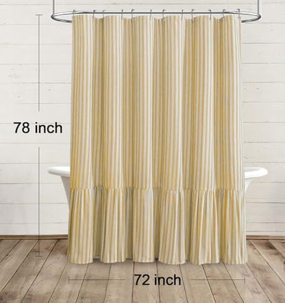 Farmhouse Shower Curtain Ruffle Linen Cream-Yellow Stripe 72"W x 78"L