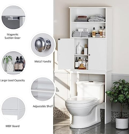 Over the Toilet Storage Cabinet for Bathroom, Extra Tall Over Toilet Storage, Space Saver W/Adjustable Shelf & Open Storage Shelf, 75in, White