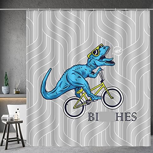 Aimego Funny Shower Curtain Blue Dinosaur Ride A Bike Pattern Cute Dino Pattern Shower Curtain Set with 12 Hooks for Bathroom Decor Accessories Bathtub Curtain, 72"x72"