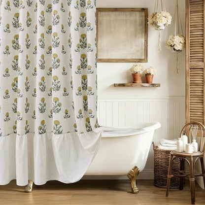 ORTIGIA Linen Textured Ruffle Shower Curtain with Metal Hooks, Vintage Yellow Floral Block Print Boho Waterproof Bath Curtain for Rustic Farmhouse Bathroom Decor 72x72 Inch