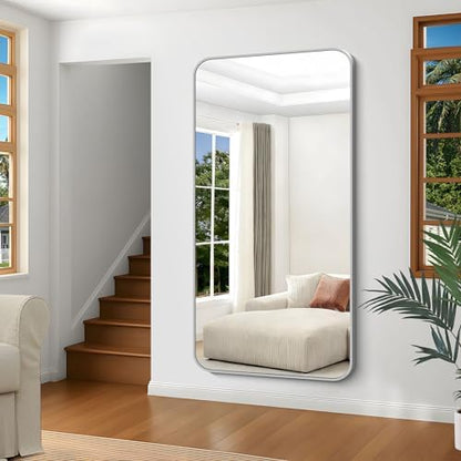 Silver Bathroom Mirror, 72 x 36 Inch Large Rectangle Mirror, Rectangular Vanity Mirror Aluminum Metal Frame, Rounded Corner Wall Mirror for Living Room Bedroom Entryway Horizontal/Vertical