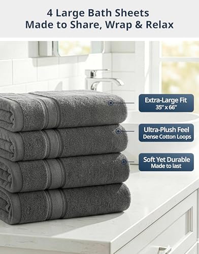 LANE LINEN Bath Sheet Set 4 Pack Oversized Soft Absorbent Quick Dry - Grey