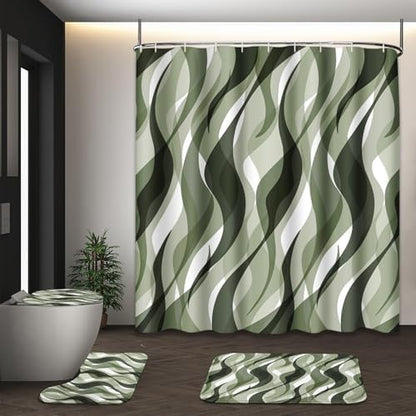 Bathroom Sets with Shower Curtain and Rugs, 4 Pcs, Green Geometric