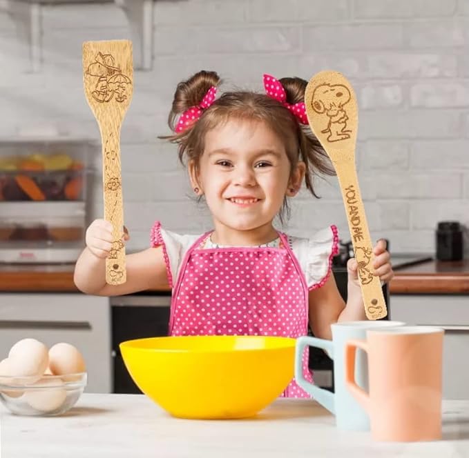 Bejky 6-Pcs Wooden Bamboo Spoons Set - Organic Food Cooking Utensils - Kitchen Accessories and Home Decor - Cookware Gifts for Women - Nonstick Easy Wash Spatulas - 3D Engraved Patterns (Cartoon Dog)
