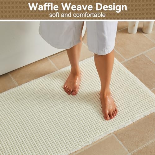 Triohero Cream White Waffle Bath Mat, Boho Bathroom Rugs Non Slip, 24x36