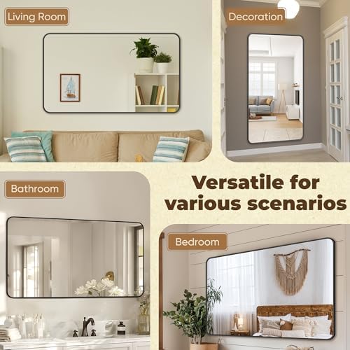 Antok 60x30 Black Metal Framed Bathroom Mirror, Wall Mirror with Round Corners, Vanity Mirror for Over Sink, Anti-Rust Tempered Glass, Horizontal/Vertical Hanging for Bathroom, Living Room, Entryway