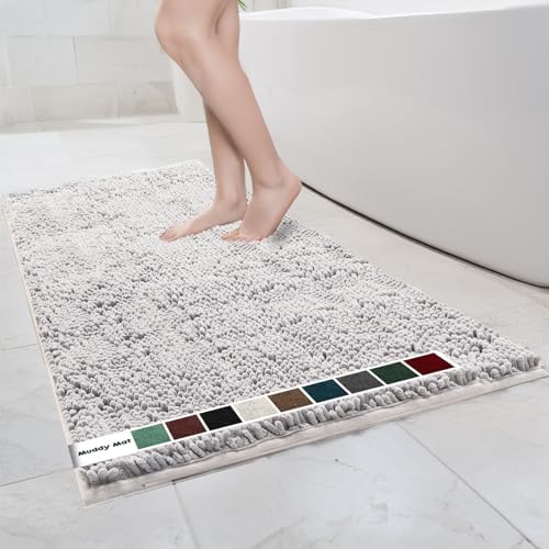 Muddy Mat® | Chenille Bathroom Rugs Quick Dry Microfiber Mats Non Slip Washable, Extra Thick, Soft and Highly Absorbent Bath Mats for Bathroom, Kitchen, and Shower Floor - White 35"x59"