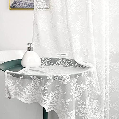 White Lace Shower Curtain 72x72, Vintage with Attached Valance, 1 Panel