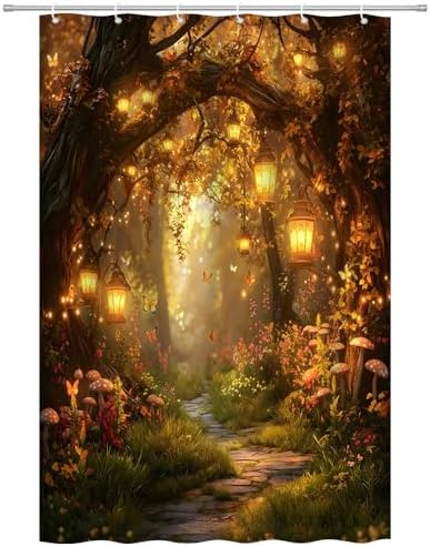 Fantasy Forest Path Shower Curtain Fall Fairy Magical Enchanted Misty Jungle Mushroom Floral Tree Butterfly Lantern Wonderland Bath Curtain Fabric Bathroom Accessories Decor with Hooks 47W x63L